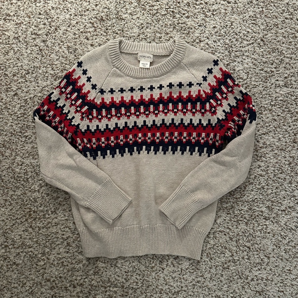 Crewcuts Cream and Red Crewneck Sweater with Geometric Pattern
